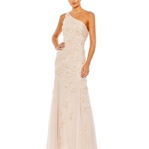 Mac Duggal One Shoulder Open Back Dress in Blush Cream with Floral Details